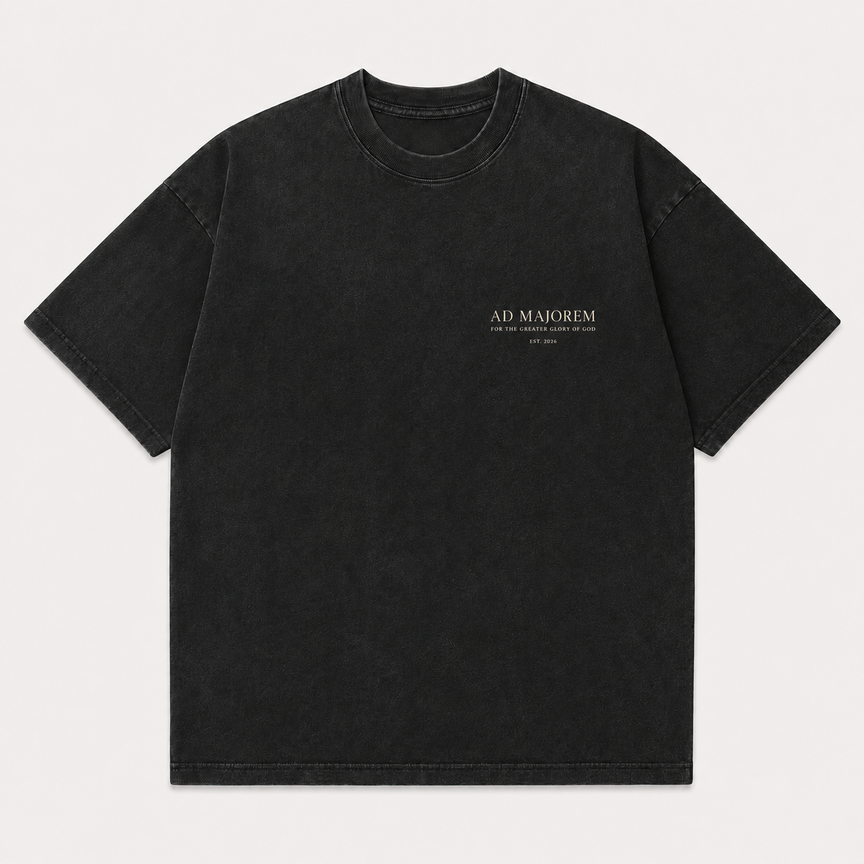 A black washed short-sleeve t-shirt with 'AD MAJOREM' printed in white on the left chest, displayed flat against a light gray background.